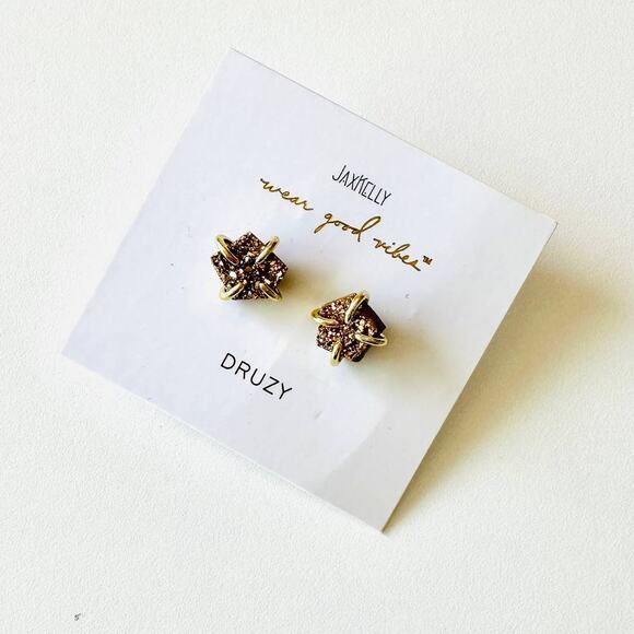 NEW FREE PEOPLE JaxKelly Natural Rose Druzy Gold Circle Earring Studs Jewelry - Picture 5 of 6